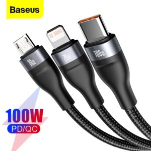 Baseus USB Cable For iPhone PD 100W USB Type C Data Cable For Xiaomi Samsung 5A Fast Charging 3 in 1 USB-C Micro USB Wire Cord