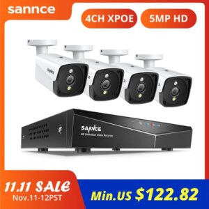 SANNCE 4CH 5MP XPOE HD Video Surveillance Camera System H.264+ NVR With 4X 5MP IP Cameras Outdoor Waterproof Security NVR System